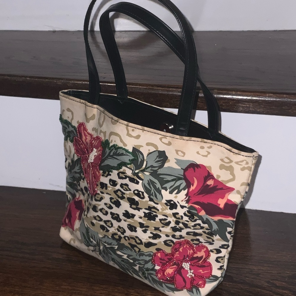 Beaded Floral Leopard Print Tote Bag